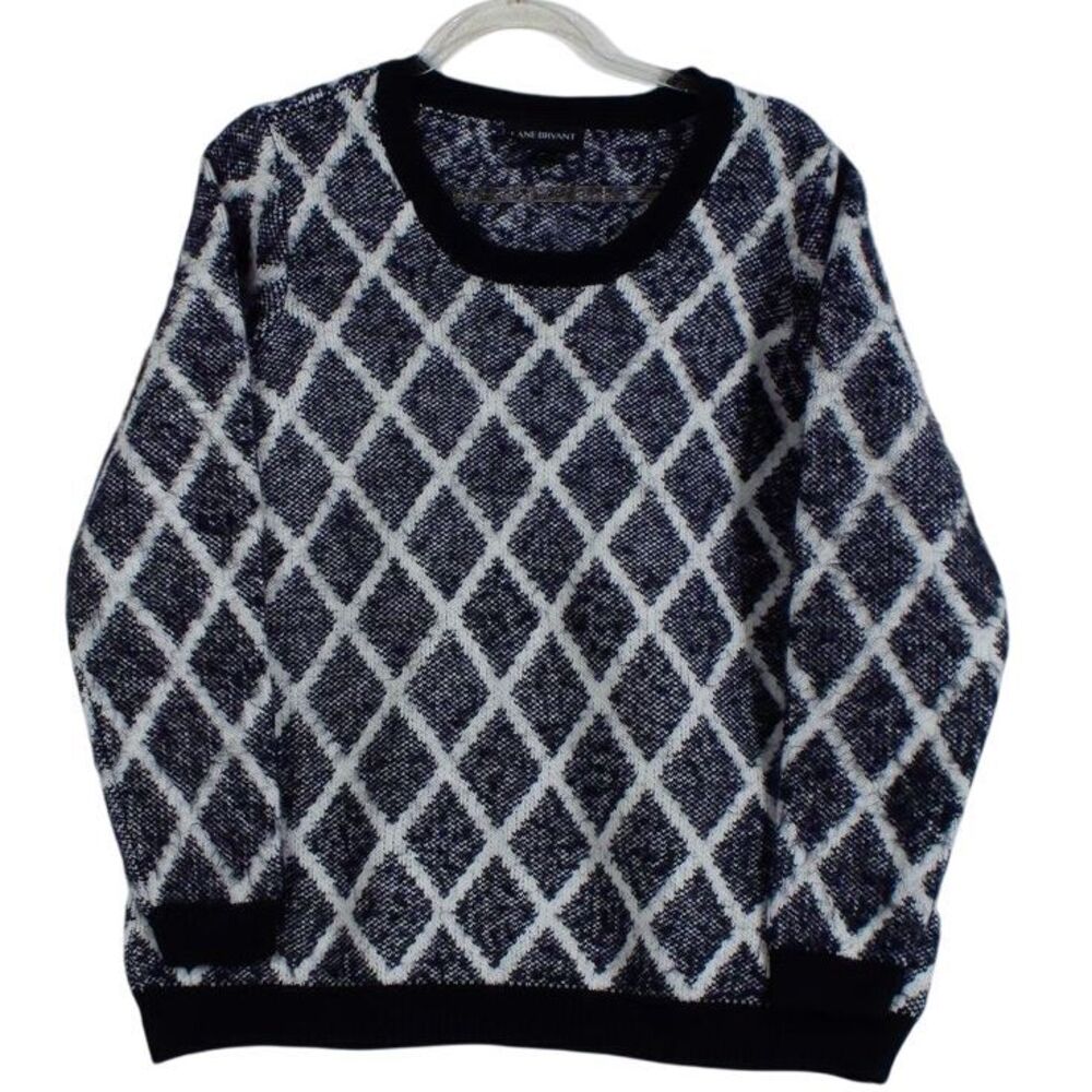 Lane Bryant 18/20 Diamond Pattern Knit Sweater Black & White‎ Geometric Winter
